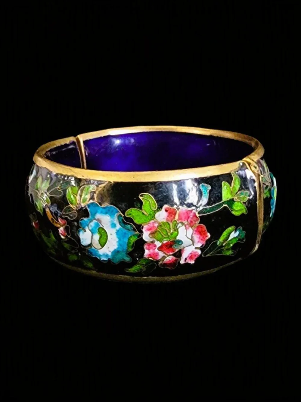 Vtg 60s Chunky Cloisonne Hinged Bangle Bracelet Heavy Brass Black Enamel 1.25